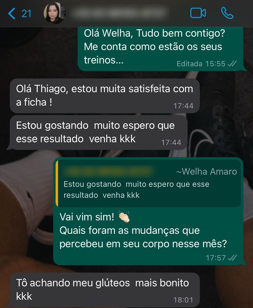 Conversa de WhatsApp com depoimento de Welha; números de telefone desfocados